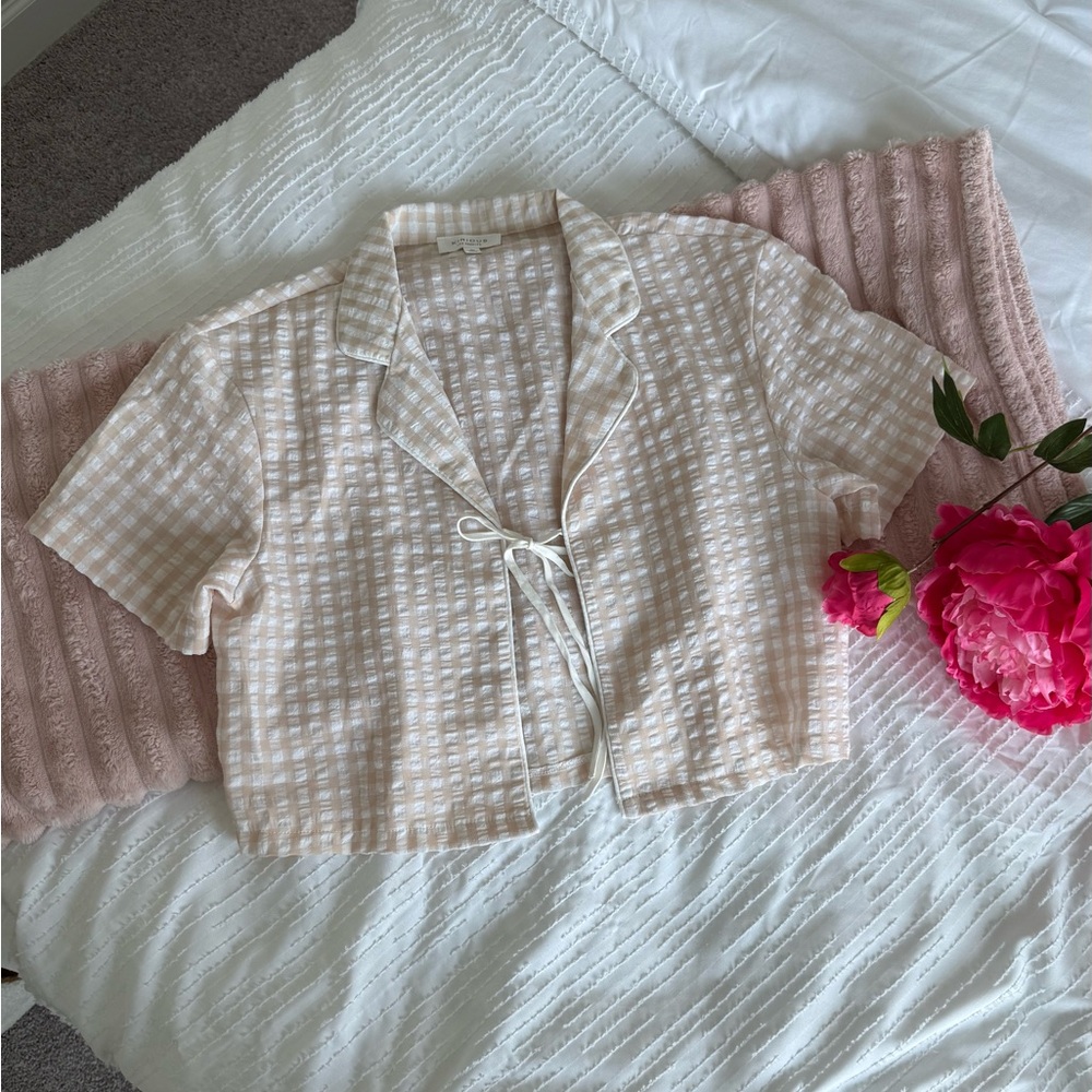 Cream and White Checkered Short Sleeve Blouse and Shorts